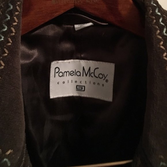 Pamela McCoy Brown Velvet  Embellished Embroidered Long Collared Coat Jacket ~ M - Picture 2 of 5